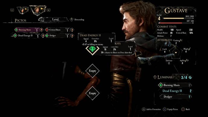 Gustave’s Pictos menu in Clair Obscur Expedition 33.
