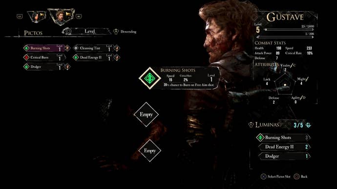 Gustave’s Pictos menu in Clair Obscur Expedition 33.