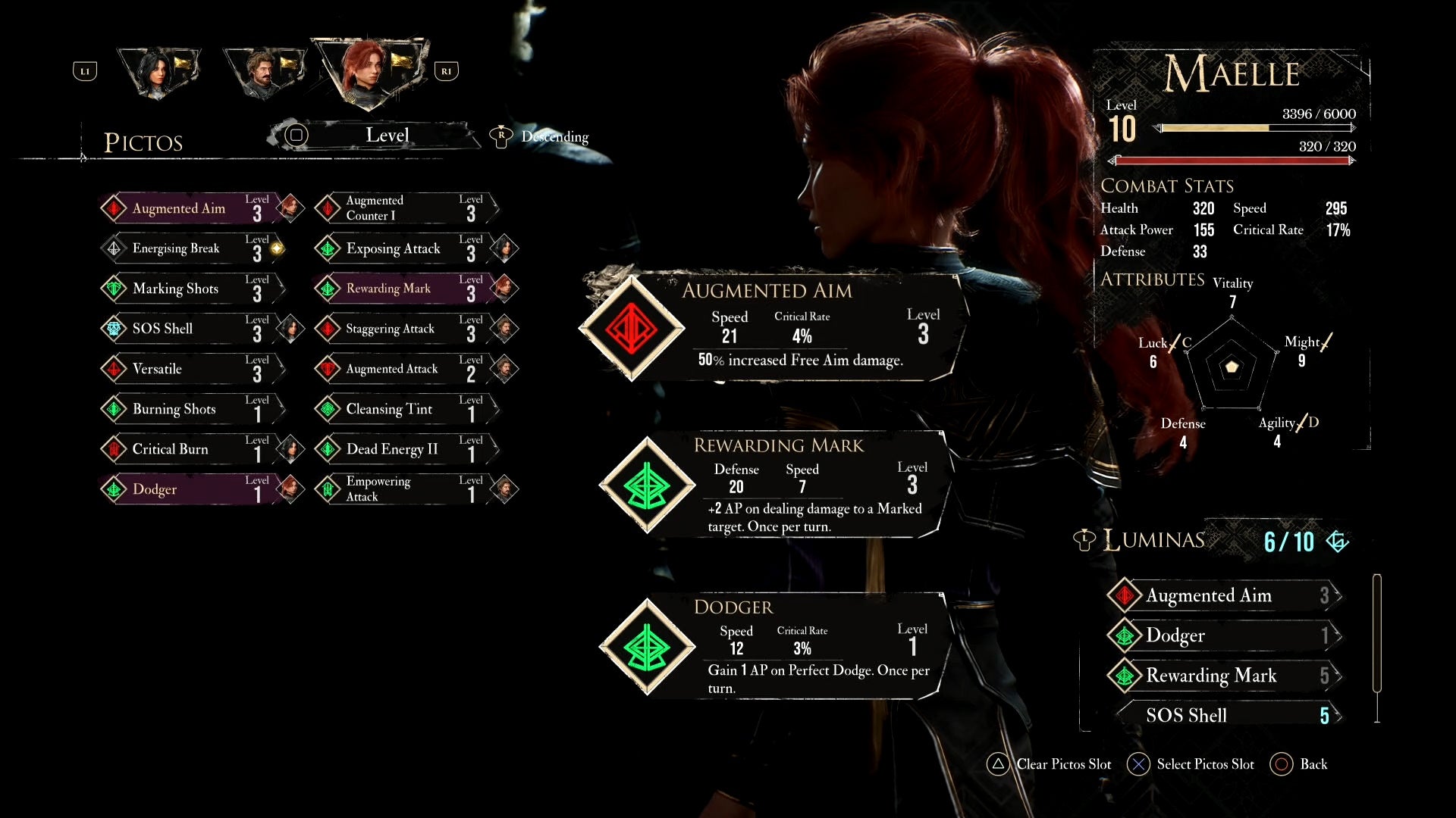 Maelle&rsquo;s Pictos menu in front of Goblu in Clair Obscur Expedition 33.