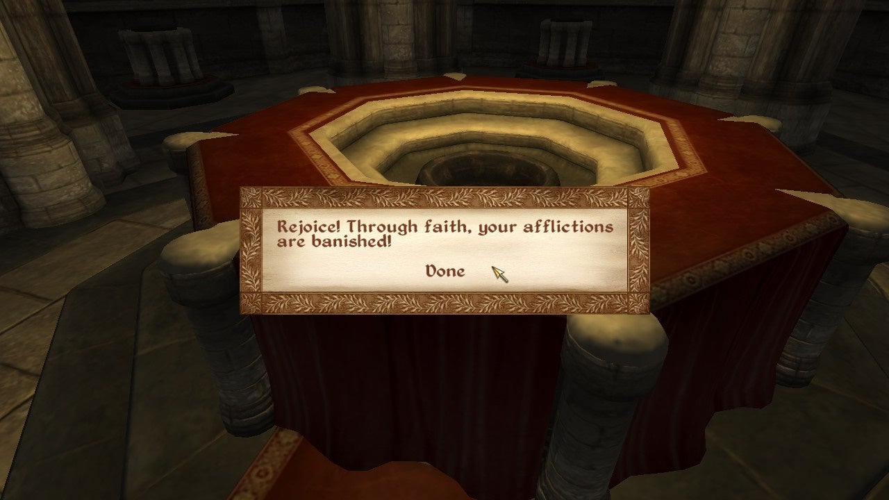 Being cured from Porphyric Hemophilia at a Chapel in Oblivion.
