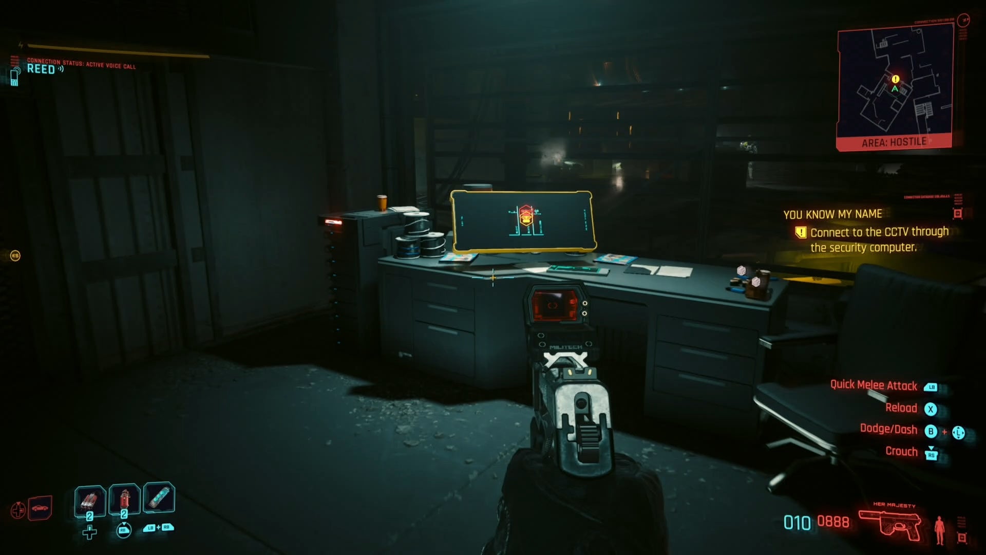 first person view of a computer terminal on a desk