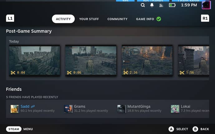 Step 1 of how to edit and share Steam Game Recording clips on Steam Deck: Select a clip or background recording from the game’s Steam Library page.