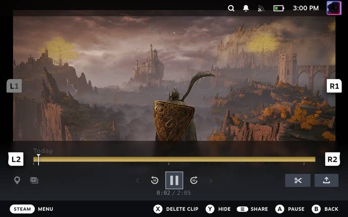 Step 2 of how to edit and share Steam Game Recording clips on Steam Deck: Press the Y button to show the editing interface.