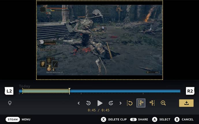 Step 3 of how to edit and share Steam Game Recording clips on Steam Deck: Select the start and end points of a clip.