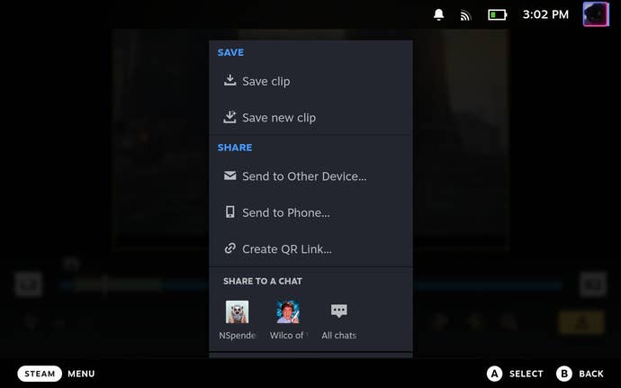 Step 1 of how to edit and share Steam Game Recording clips on Steam Deck: Press the Save/Share button and select a save or share option.