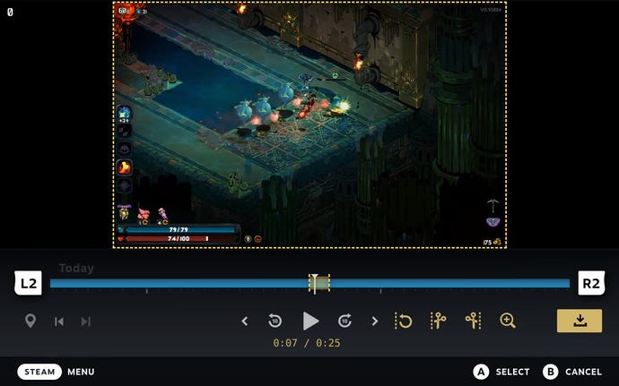 Step 4 of how to record clips on the Steam Deck in the background: Open a background recording, press Y to open the editing interface, and set start and end points for a clip. Press the Save/Share button to save the clip to your Deck or share it elsewhere.