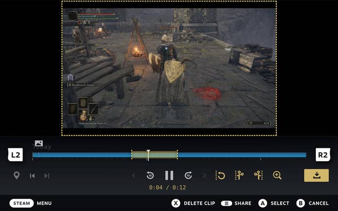 Step 4 of how to record clips on the Steam Deck on demand: When viewing a clip, press the Y button to bring up the full playback and editing interface.