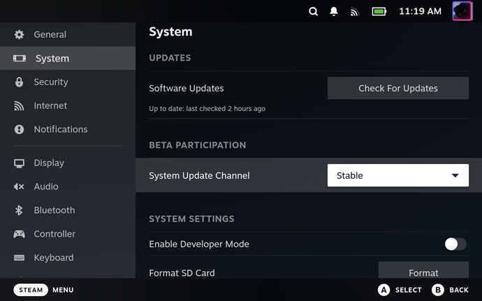 Step 1 of how to record clips on the Steam Deck: Opt into the SteamOS beta build in the Steam Deck's settings. Wait for it to restart.