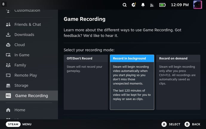 Step 1 of how to record clips on the Steam Deck: Enter the new Game Recording section of the Steam Deck's settings and choose a recording mode, customising the recording options if you wish.