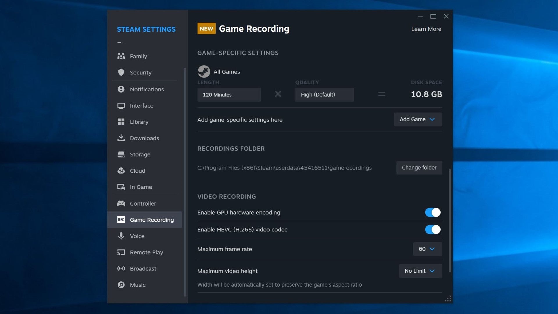 The updated Steam settings screen for Game Recording, showing the various recording settings that can be fine-tuned. - 4