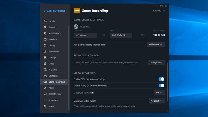 The updated Steam settings screen for Game Recording, showing the various recording settings that can be fine-tuned.