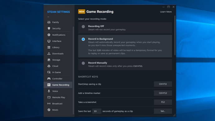 The updated Steam settings screen for Game Recording, showing the two capture modes: Record in Background and Record Manually.