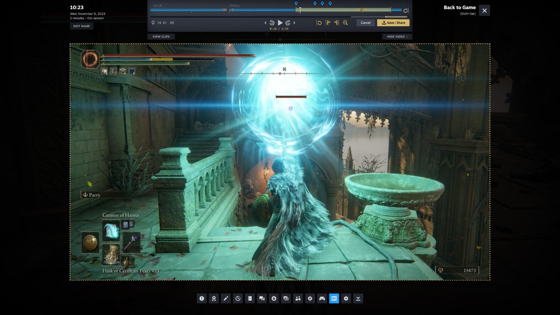The overlay UI for using Steam Game Recording in Record in Background mode, showing an Elden Ring clip being snipped. - 6