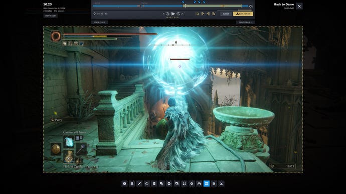 The overlay UI for using Steam Game Recording in Record in Background mode, showing an Elden Ring clip being snipped.
