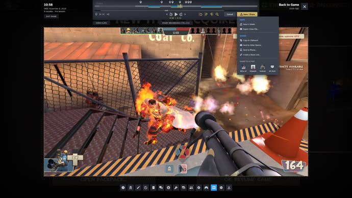 How to share Steam Game Recording clips using Record Manually mode: With a clip selected, click the yellow Save/Share button and choose how to export or share it.