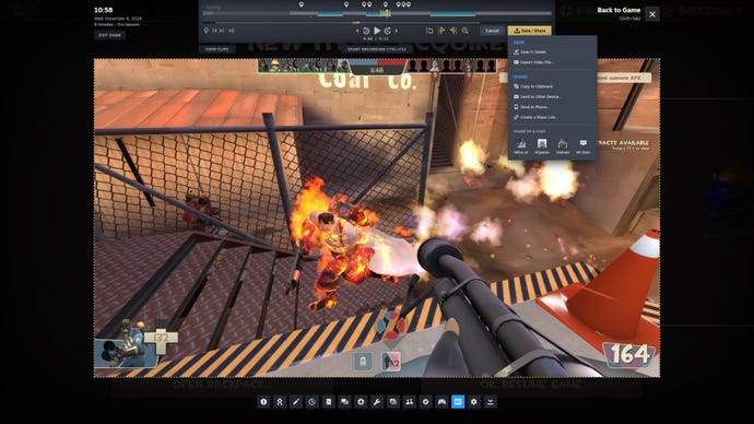 How to share Steam Game Recording clips using Record Manually mode: With a clip selected, click the yellow Save/Share button and choose how to export or share it.