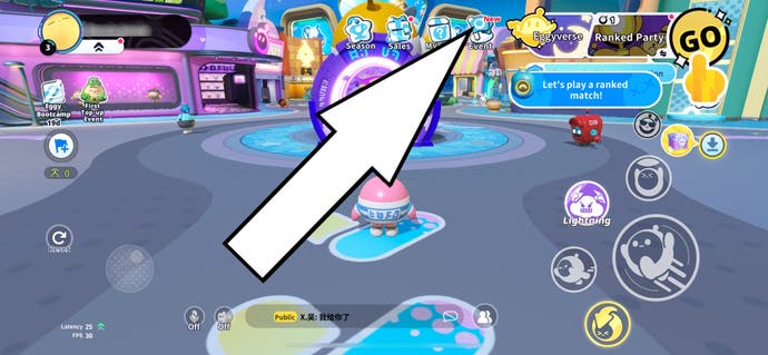An arrow pointing to the Events icon in Eggy Party.