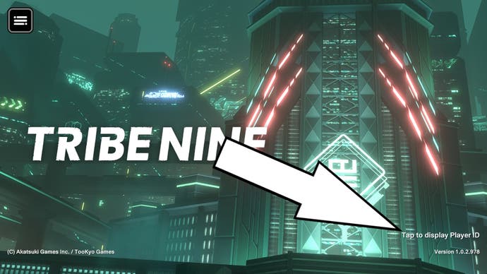 An arrow pointing to how to reveal a player ID on the start menu of Tribe Nine.