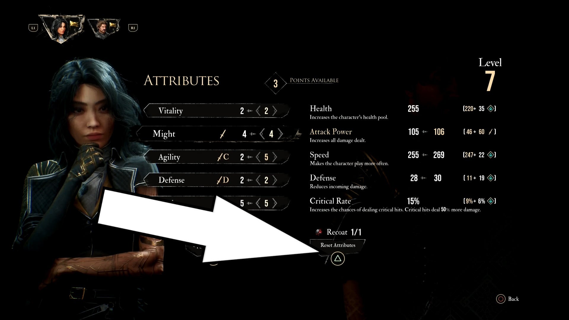 A white arrow pointing to the Recoat button in Clair Obscur Expedition 33.