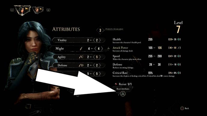 A white arrow pointing to the Recoat button in Clair Obscur Expedition 33.