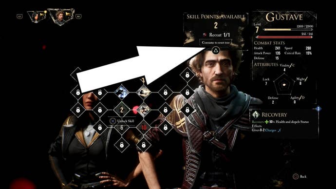 A white arrow pointing to the Recoat button in Clair Obscur Expedition 33.