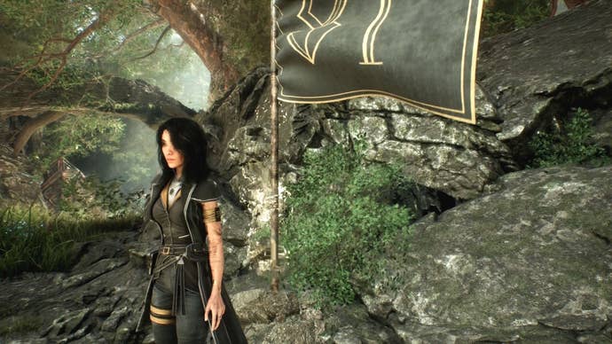 Lune standing in front of an Expedition Flag in Clair Obscur Expedition 33.