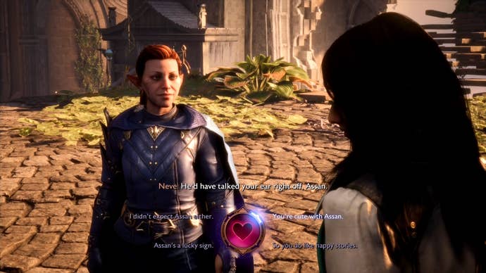 A female Rook flirting with Neve in Dragon Age The Veilguard.
