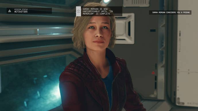 first person view of sarah with popup menu of friend status