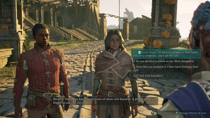 Choosing the Court Augur option while speaking with Pod and Brentis in Avowed.