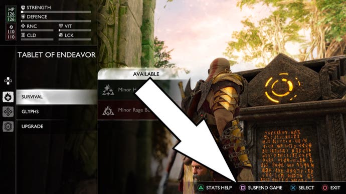 a white arrow pointing to the suspend option on the tablet of endeavour menu in god of war ragnarok valhalla