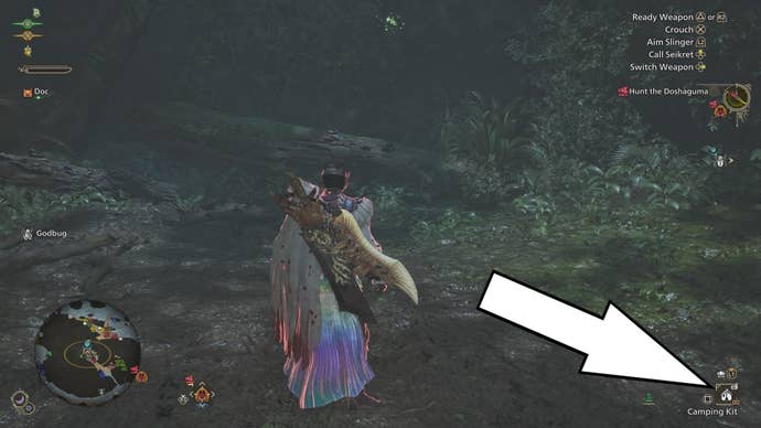 An arrow pointing to the option to set up a Pop-up Camp in Monster Hunter Wilds.
