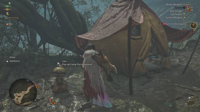 Talking to the Pop-up Camp Purrofessional palico in Monster Hunter Wilds.