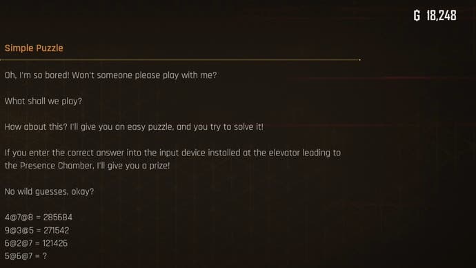 Request board view of the Simple Puzzle side quest asking a maths question in Stellar Blade.