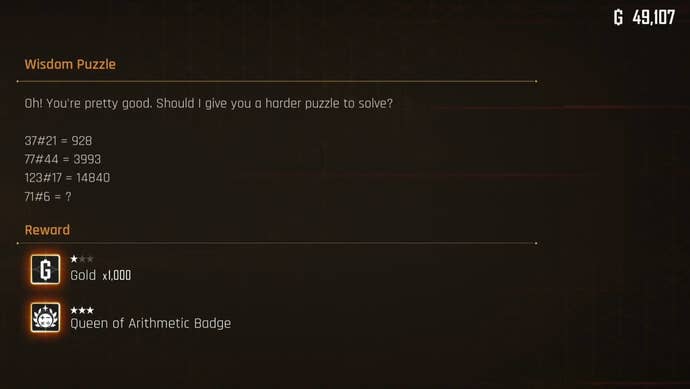 Request board view of the Wisdom Puzzle side quest question in Stellar Blade.