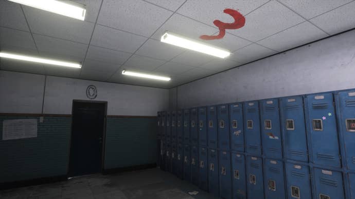 A black ‘0’ above a door and a red ‘3’ on the ceiling of a school locker corridor in Silent Hill The Short Message.