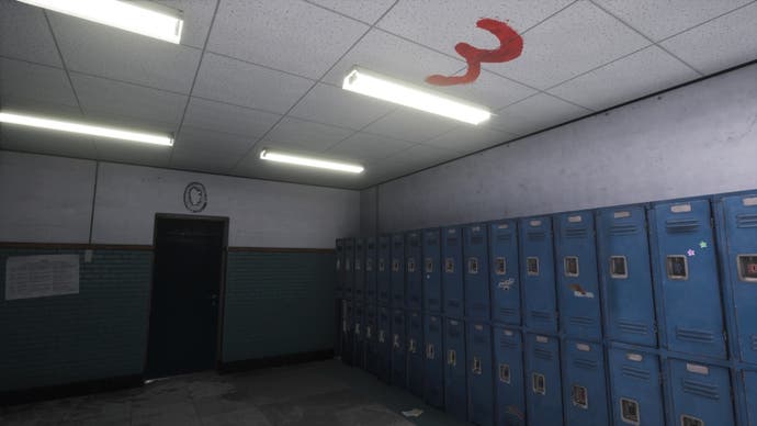 A black '0' above a door and a red '3' on the ceiling of a school locker corridor in Silent Hill The Short Message.