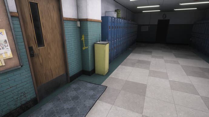 A yellow ‘1’ painted on a wall next to a drinking fountain in a locker corridor in Silent Hill The Short Message.