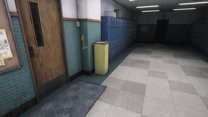A yellow '1' painted on a wall next to a drinking fountain in a locker corridor in Silent Hill The Short Message.