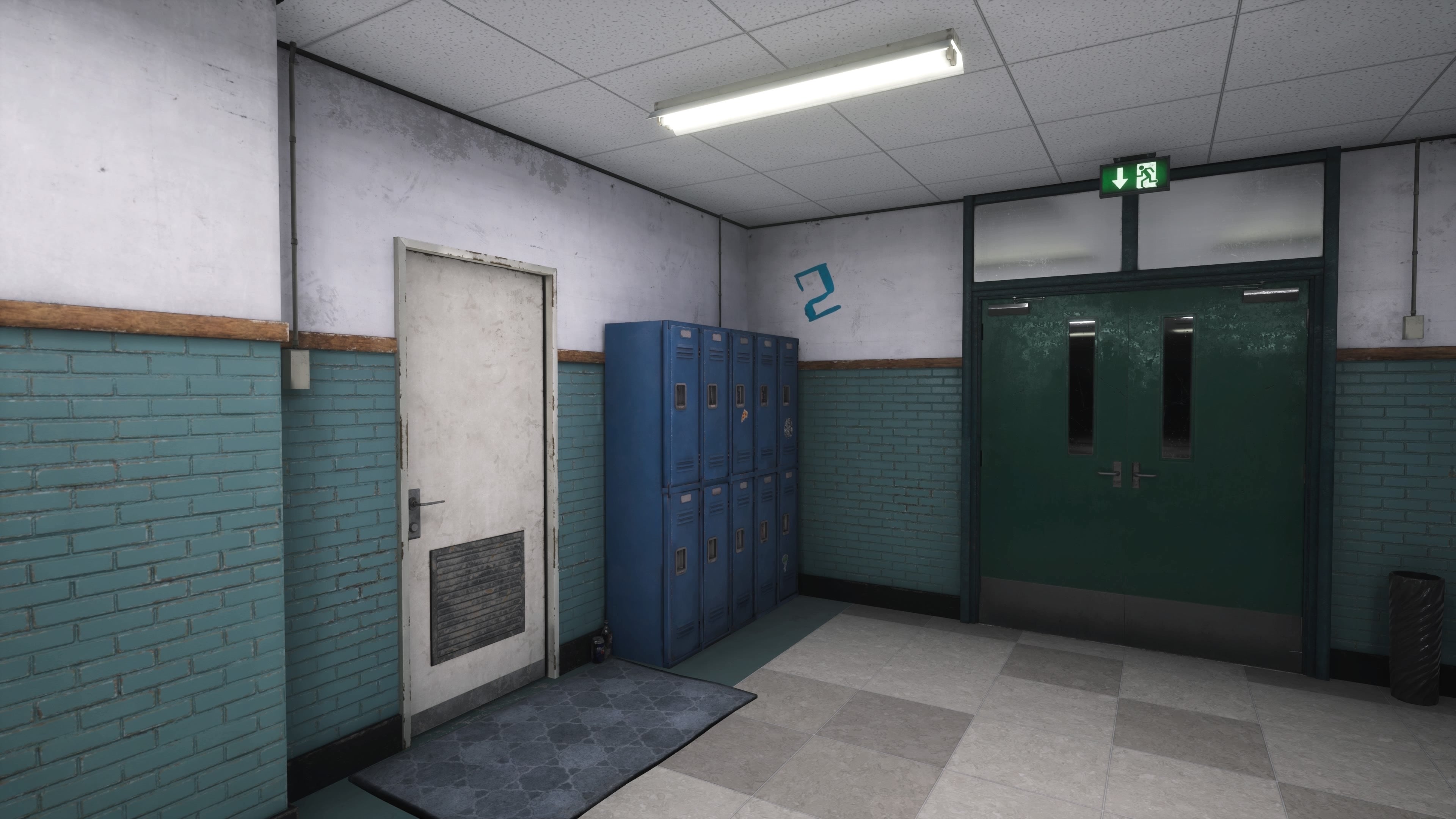 A blue &lsquo;2&rsquo; painted on a wall next to a fire exit door in a locker corridor in Silent Hill The Short Message.