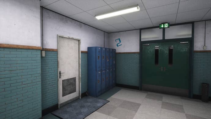 A blue ‘2’ painted on a wall next to a fire exit door in a locker corridor in Silent Hill The Short Message.