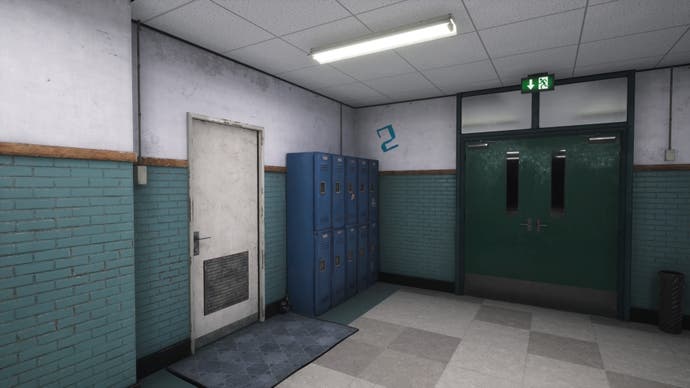 A blue '2' painted on a wall next to a fire exit door in a locker corridor in Silent Hill The Short Message.