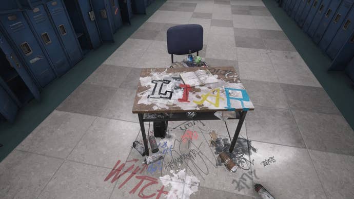 A desk in the middle of a locker corridor in a scholl, with the word ‘Lair’ printed in different colours on the desk in Silent Hill The Short Message.