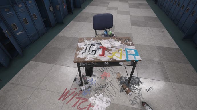 A desk in the middle of a locker corridor in a scholl, with the word 'Lair' printed in different colours on the desk in Silent Hill The Short Message.