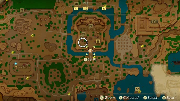 White circle showing the map location of the A Curious Child side quest in Zelda Echoes of Wisdom.