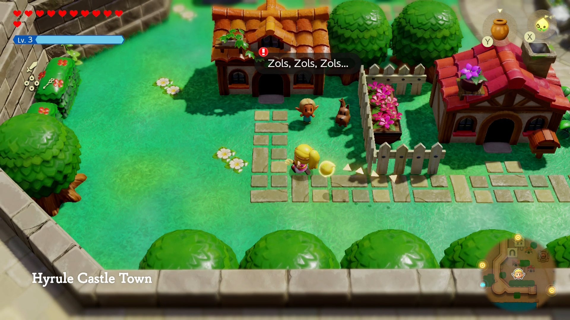 Zelda walking over to a child standing beside a dog in Hyrule Castle Town in Zelda Echoes of Wisdom.