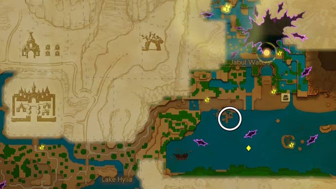 White circle showing the location of Anube’s mother in Seesyde Village in Zelda Echoes of Widsom.