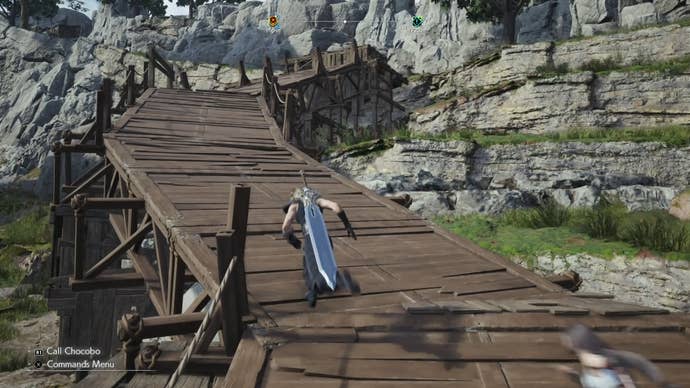 Cloud running up an elevated wooden bridge to Colin’s location near Crow’s Nest in Junon.