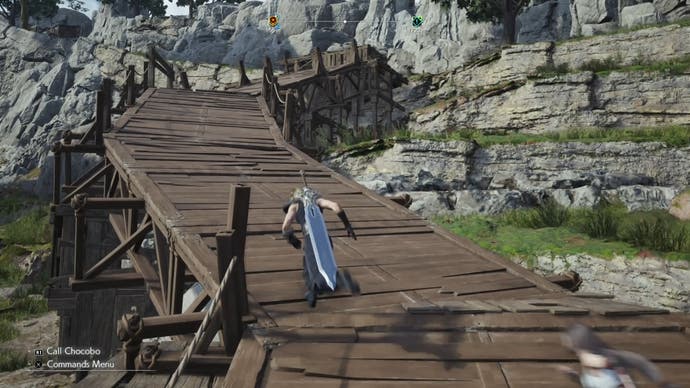 Cloud running up an elevated wooden bridge to Colin's location near Crow's Nest in Junon.