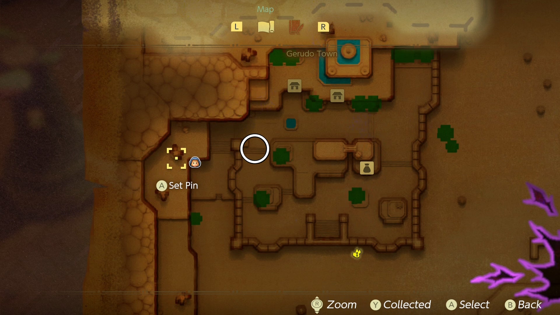 A small white circle showing where to start the Elusive Tumbleweeds side quest in Zelda Echoes of Wisdom.