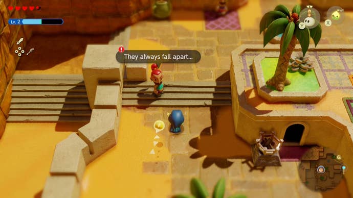 Zelda looking at a Gerudo woman on a staircase in Gerudo Town in Zelda Echoes of Wisdom.